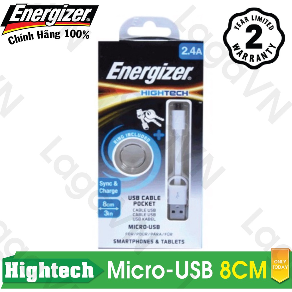 [Freeship toàn quốc từ 50k] Cáp sạc Energizer Pocket Micro-USB dài 8cm - C21UBMCA cho Android (Trắng)