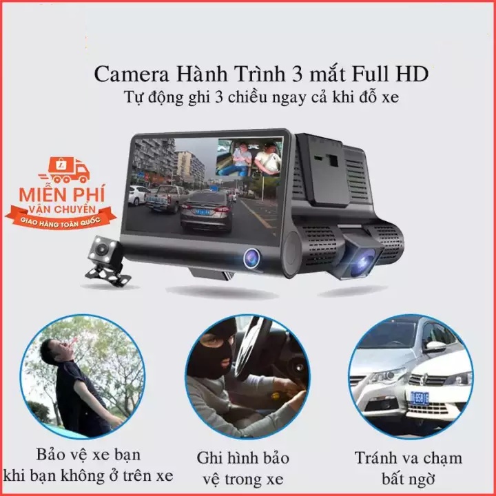Camera Hành Trình Ô Tô 3 Mắt Camera,  Màn Hình 4 Inh Full HD, Ghi Hình Đa Chiều, Có Chế Độ Ghi Đè Kèm Thẻ Nhớ 64G