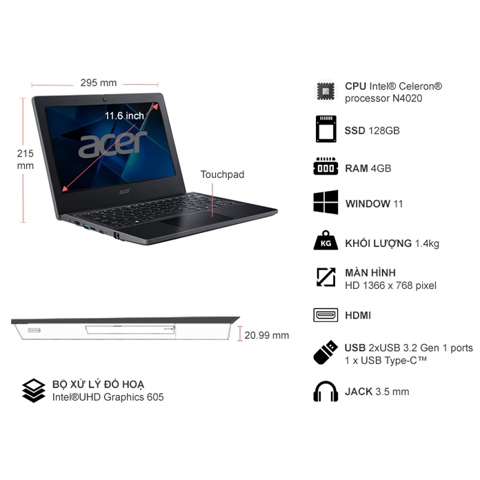 Máy Tính Xách Tay | Laptop Acer TravelMate B3 TMB311 31 C2HB N4020/4GB/256GB/Win11(NX.VNFSV.006) | BigBuy360 - bigbuy360.vn