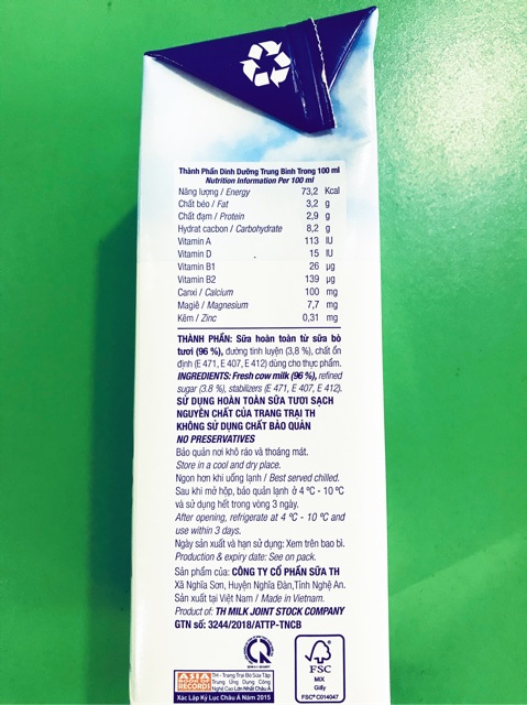 Sữa tươi tiệt trùng TH true Milk hộp 1l