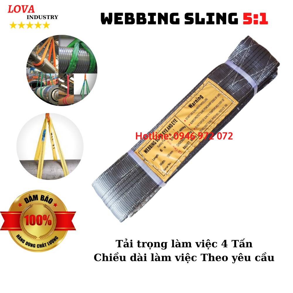 Cáp Vải Cẩu Hàng Bản Dẹt 4 Tấn Loại 2 Đầu Mắt Hệ Số 5:1