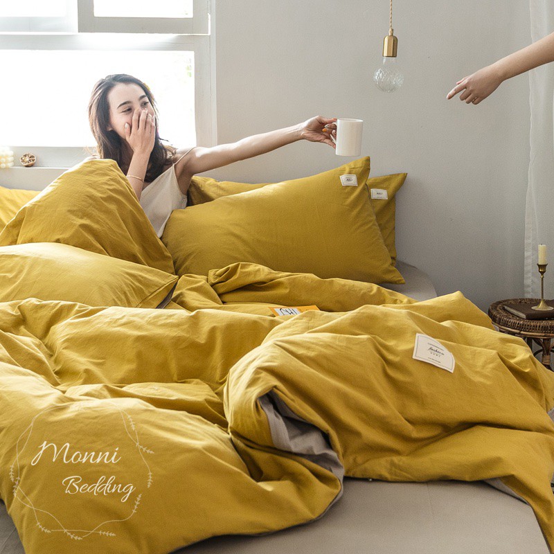 BỘ GA GỐI COTTON HÀN QUỐC TICI VÀNG PHỐI KEM CỰC XINH