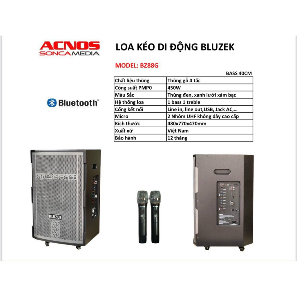 [Mã ELHACE giảm 4% đơn 300K] Loa Kéo Di Động ACNOS BLUZEK BZ88G - Công Xuất Lớn