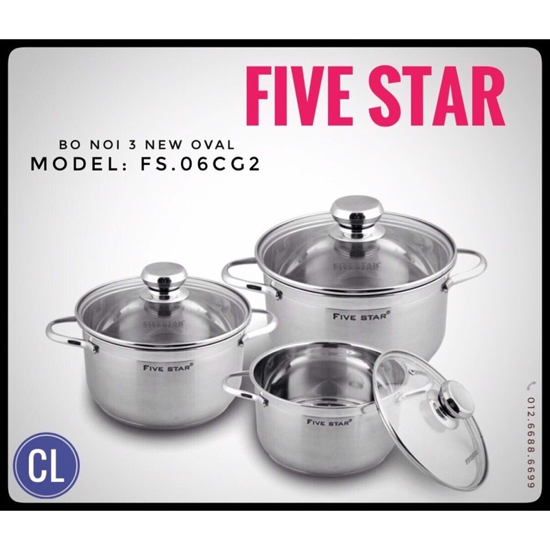 Bộ nồi Fivestar 3 món nắp kính , nắp inox cao cấp bảo hành 5 năm