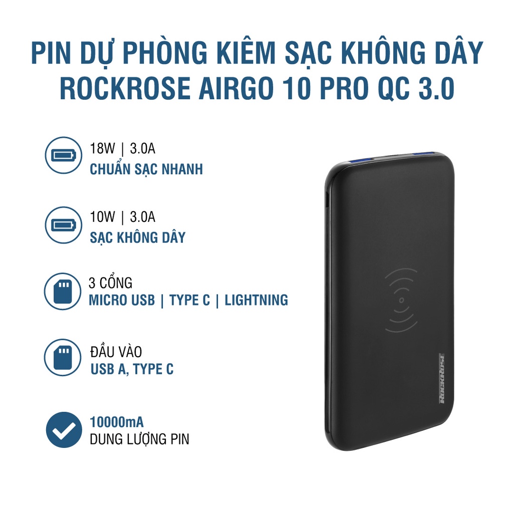 Sạc Dự Phòng Kiêm Sạc Không Dây 10000mAh ROCKROSE Airgo 10 Pro QC 3.0 - Cổng USB A/ Type C Sạc Nhanh Cho Iphone/ Android