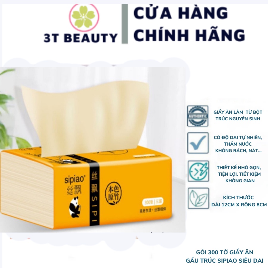 Gói 300 tờ giấy ăn gấu trúc Sipiao siêu dai mềm mịn không tẩy trắng 3T BEAUTY.