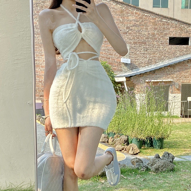 Set áo croptop+chân váy lông Ulzzang