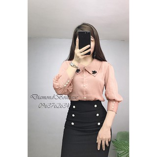 Áo sơ mi nữ tay lửng công sở cổ đính cườm