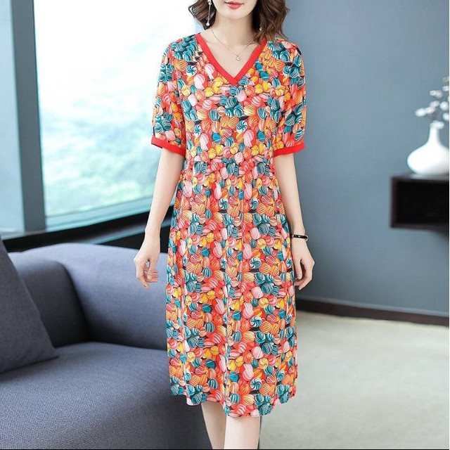 Đầm Midi Tay Ngắn In Hoa Thời Trang Mùa Hè 2018 Size L-6Xl