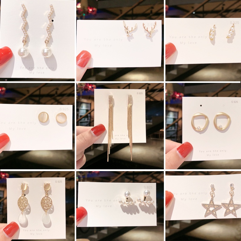 Bông Tai zircon Thiết Kế Tua Rua Dài Không Đối Xứng Phong Cách Hàn Quốc 50 Kiểu Lựa Chọn