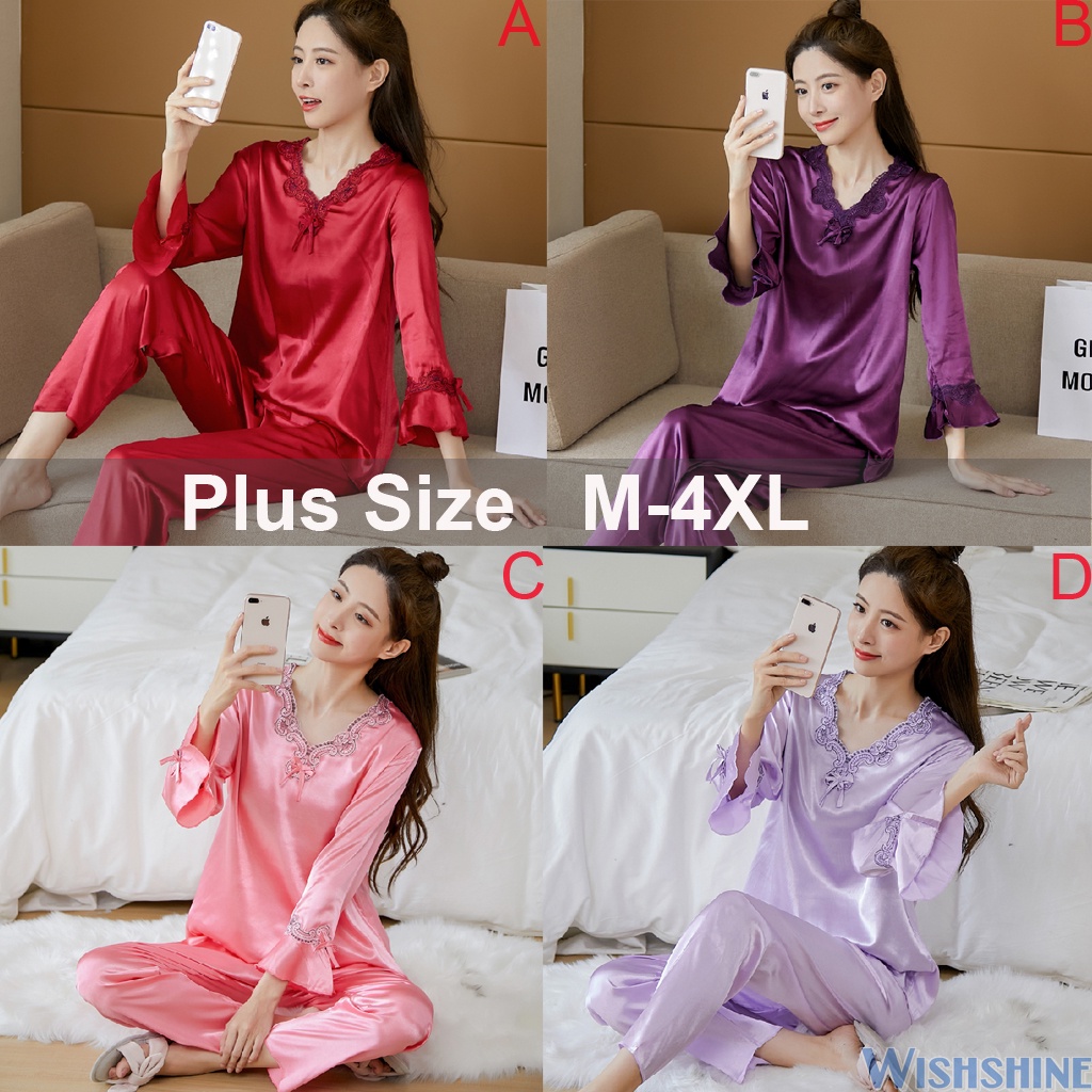 Bộ Đồ Ngủ Dài Tay Bằng Lụa Satin Thời Trang Hàn Quốc Cho Nữ Plus Size M-4XL