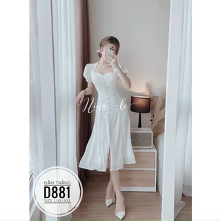 Đầm Xòe Tay Bèo Nút Bọc Xẻ Tà