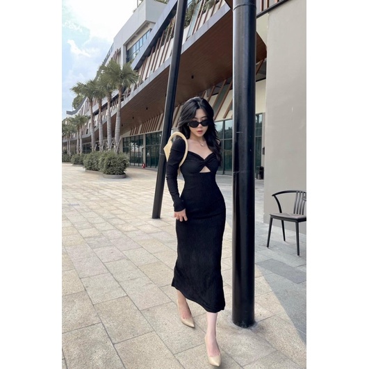 Đầm body nữ kiểu tay chất vải xốp mềm mịn co dãn 4 chiều dày dặn FreeSize dưới 50kg