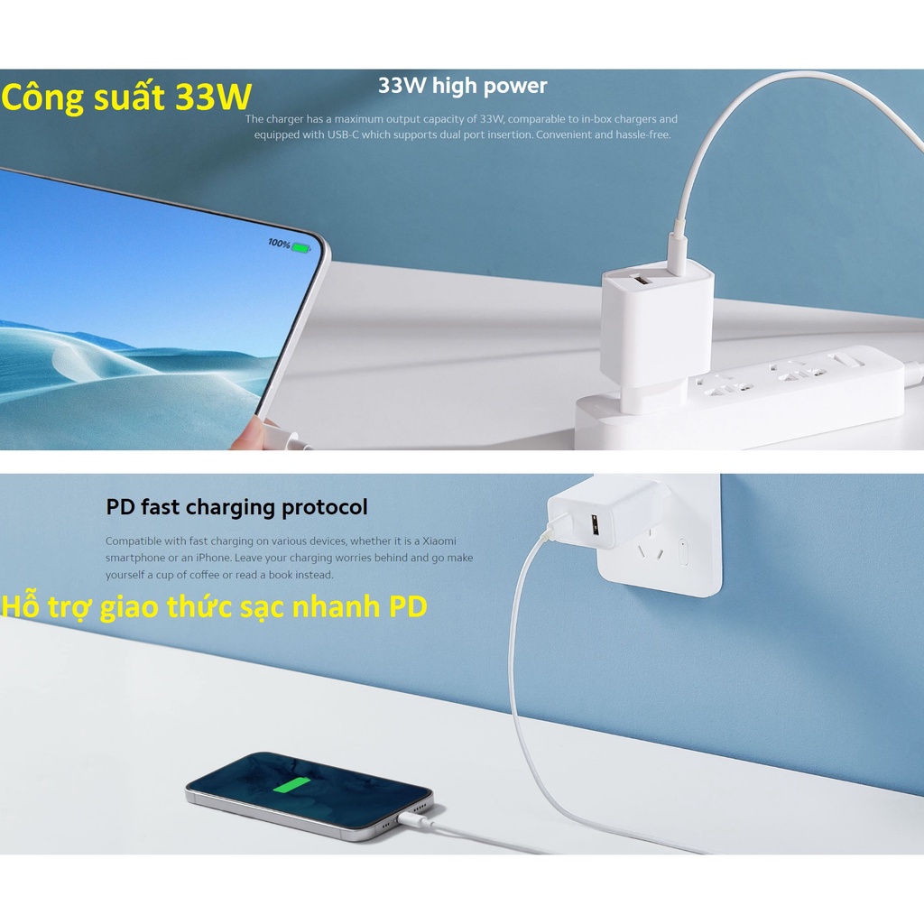 Cốc sạc nhanh 33W 2 cổng C + U Xiaomi Mi 33W AD332EU