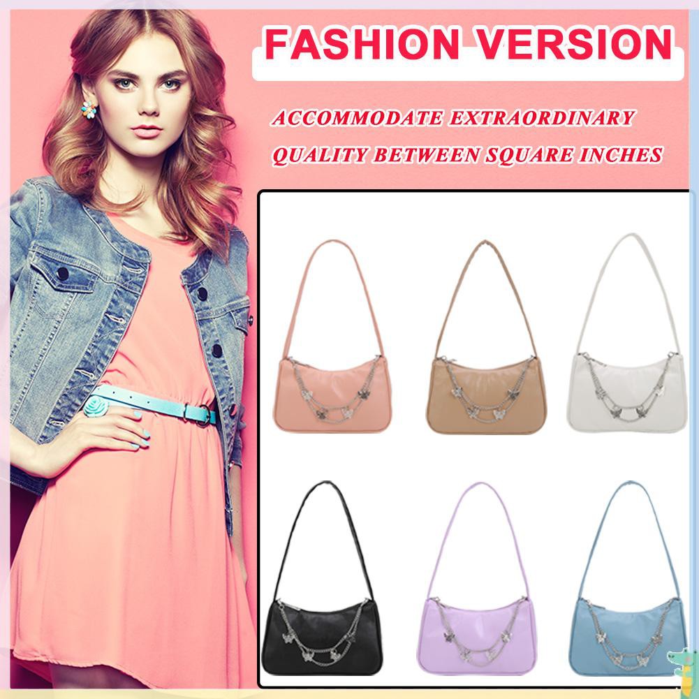 Ready Fashion Women PU Leather Underarm Bag Butterfly Chain Pure Color Mini Purse