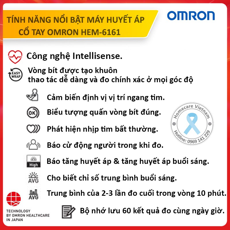 Máy đo huyết áp cổ tay OMRON HEM-6181, bảo hành 5 năm, nhỏ gọn, tiện mang đi, chính xác cao