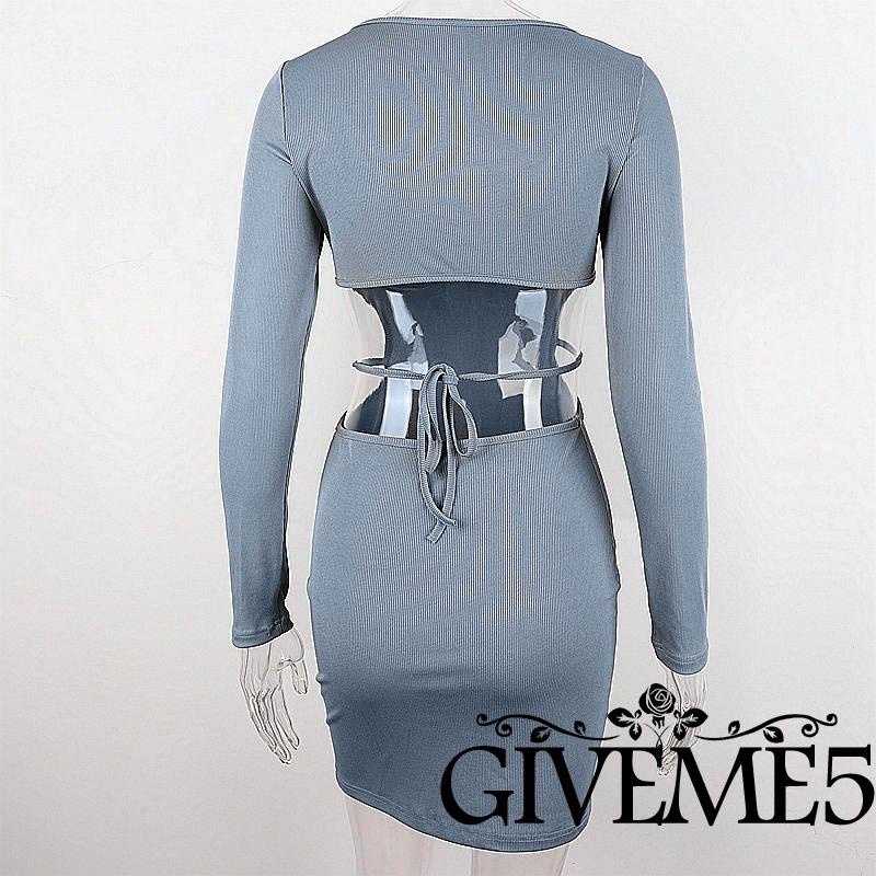 GIVEME-Women Short Bodycon Dress Solid Color Back Hollow-Out Long Sleeve Low-Cut Spring Wrapped Hip Dress