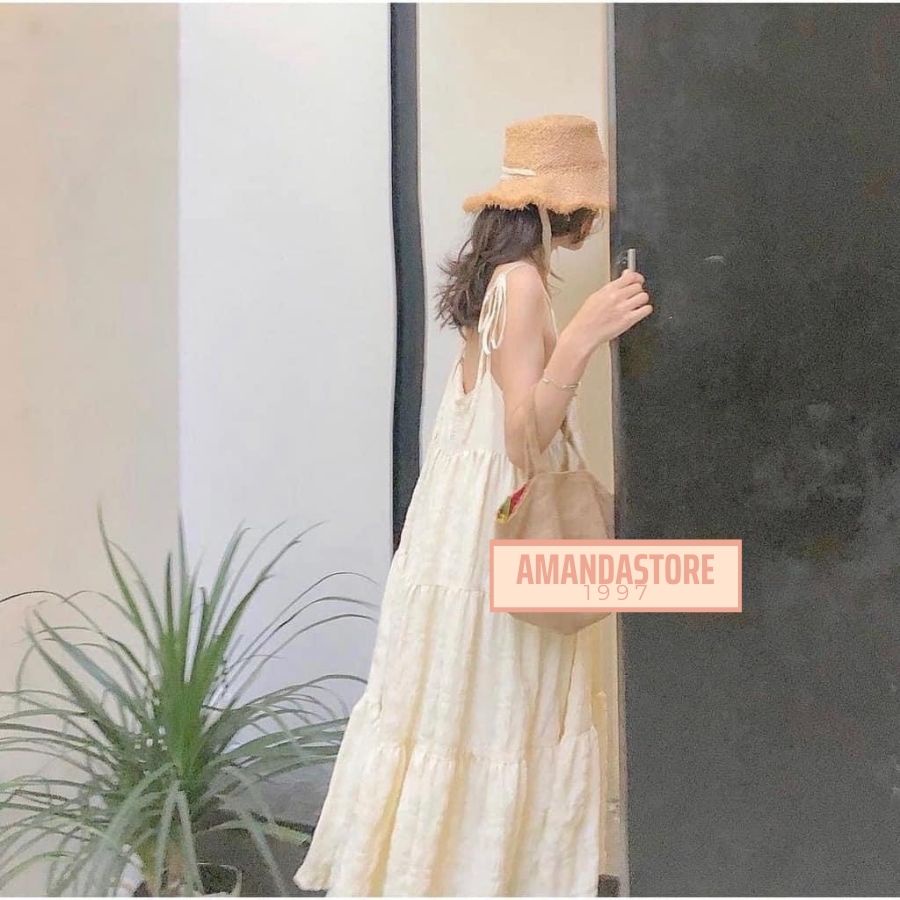 Váy 2 dây đi biển maxi, váy 2 lớp dây buộc nơ điều chỉnh siêu xinh, hai dây chất đũi xốp siêu mát