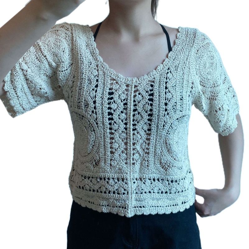 Áo Croptop Dệt Kim Tay Ngắn Cổ Tròn Thiết Kế Khoét Rỗng Thời Trang Đi Biển Cho Nữ