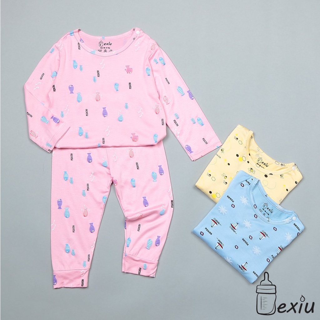[Bé 5-19kg] Bộ dài tay thun lạnh nút cài vai Bexiu Bé Xíu trắng in hình bò sữa cho bé trai bé gái từ 5-19kg