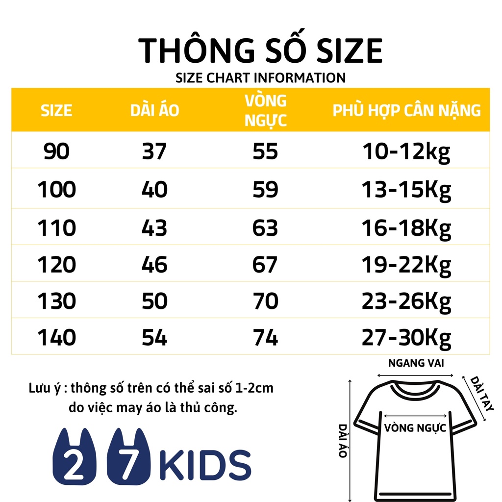 Áo thun bé trai bé gái ngắn tay 27Kids áo cộc nam nữ 100% Cotton cho trẻ từ 2-10 tuổi BSTS17