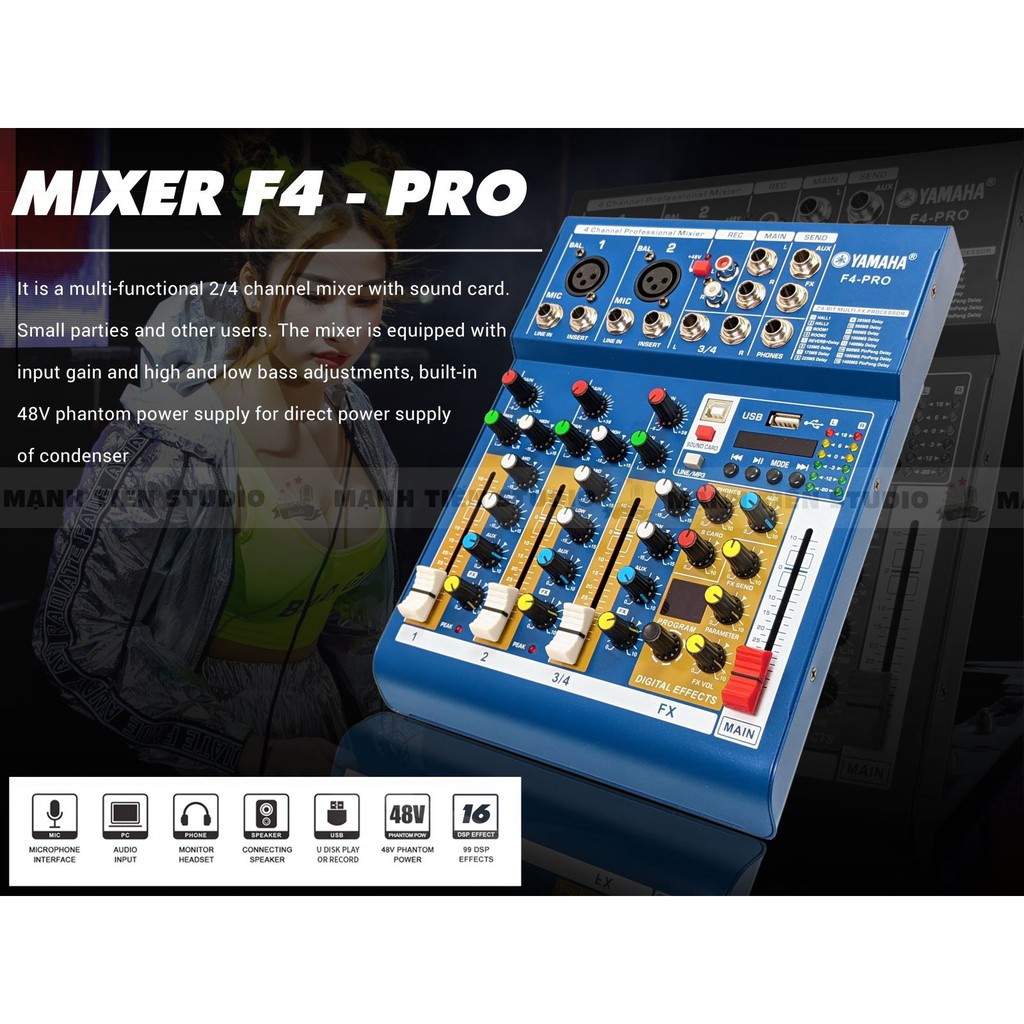 Bàn trộn Mixer Yamaha F4 Pro - Tích hợp vang số 16 chế độ vang - Tích hợp soundcard livestream