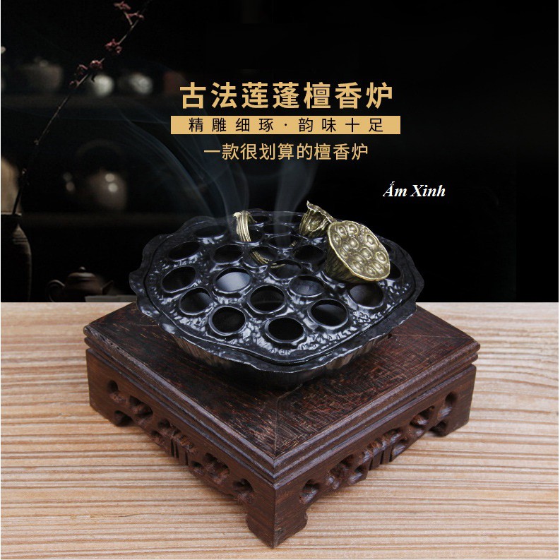 Lư hương đốt trầm + Đế gỗ Đàn Hương