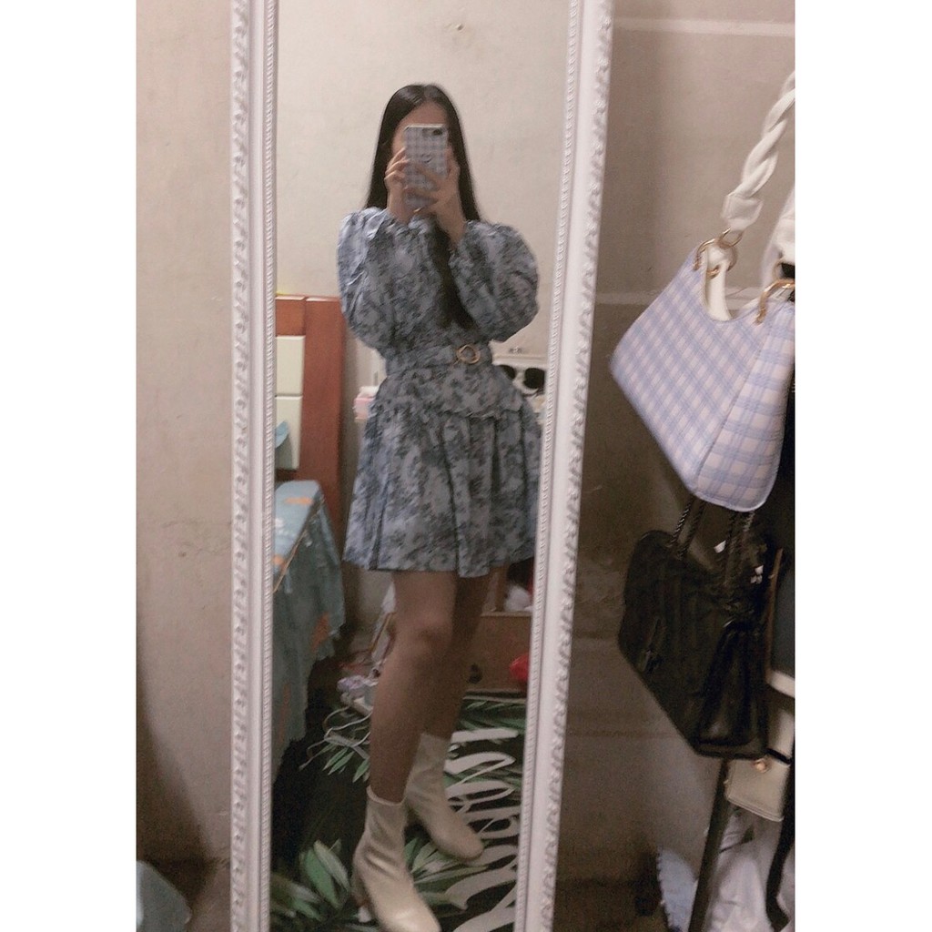 [HÀNG ORDER] Có ảnh thật. Váy hoa cổ tròn tay bồng hàng Quảng Châu, đầm hoa xanh dáng xoè kèm belt | BigBuy360 - bigbuy360.vn