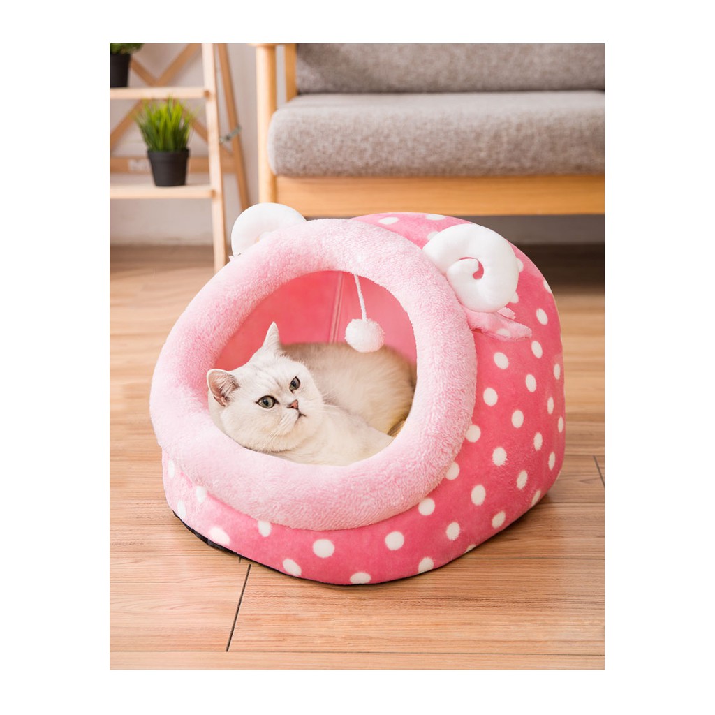 nhà ngủ bông kèm trái bóng bông treo dành cho chó mèo - hàng cao cấp