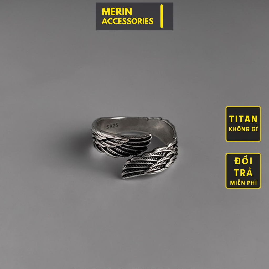 Nhẫn Nam 2W Phong Cách HipHop Cá Tính Merin Accessories Màu Bạc Đẹp Cao Cấp - Nhân Nam Họa tiết Đôi Cánh Chất Liệu Titan