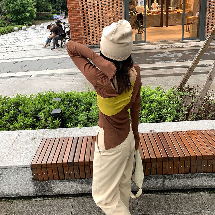 Áo thun tay dài dáng ôm màu sắc tương phản thời trang cho nữ 2021Fall