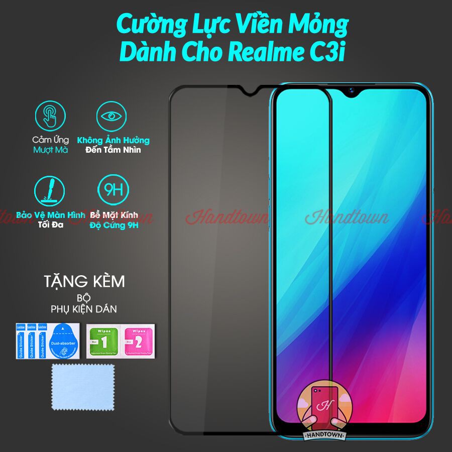 Kính Cường Lực Viền Mỏng Realme C3i Bản Không Vân Tay Viền Mỏng Không Lấn Màn