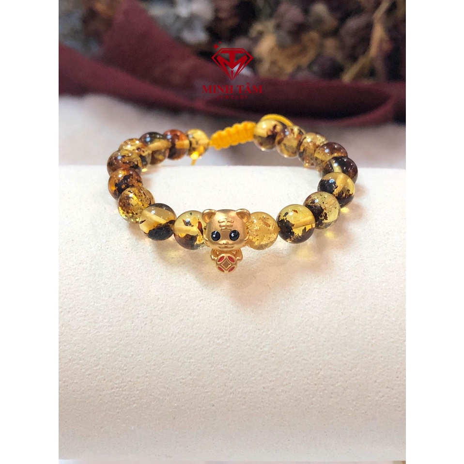 Vòng tay hổ phách con giáp Hổ v.àng 24k và bi v.àng cho bé-Minh Tâm Jewelry