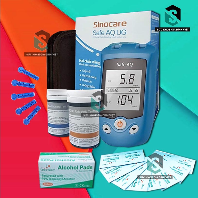 Máy Đo Đường Huyết/ axit Uric Sinocare AQ UG + 25 que đường huyết + 50 que Axit Uric + 50 kim chích máu