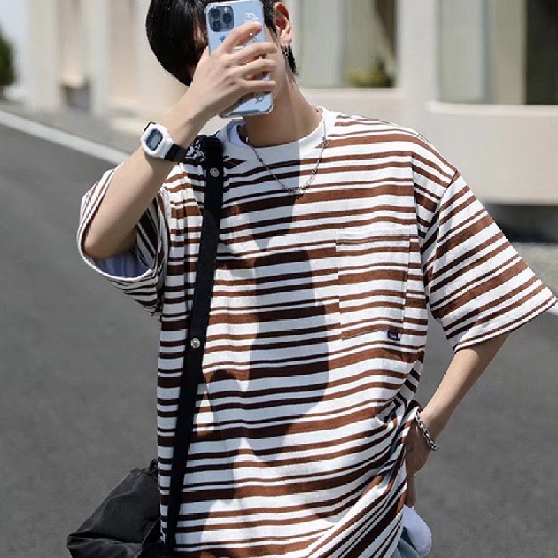 Áo Thun Dáng Rộng Họa Tiết Kẻ Sọc Phong Cách Hip Hop Nhật Bản Thời Trang Mùa Hè Cho Nam size M-2XL