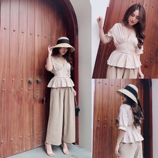 Set Áo Peplum Bo Eo Quần Ống Rộng