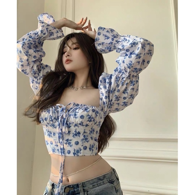 ÁO CROPTOP HOA NHÍ TAY BO PHỒNG