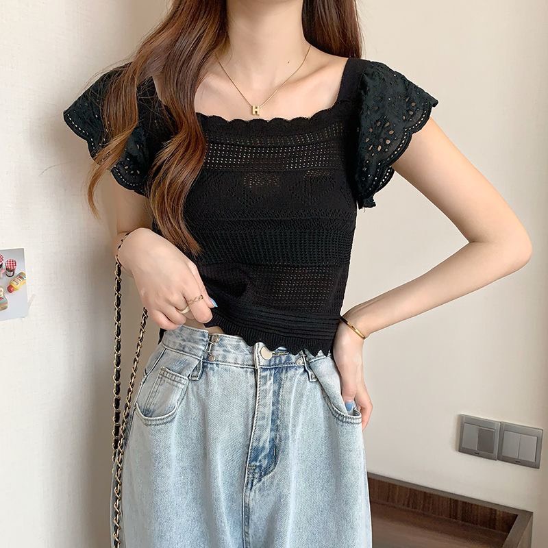 Áo Len Mongtoghi Lưới Cổ Vuông Phăng Tay Xô Tay Ngắn | Smide Clothing