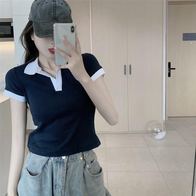 [Deal Hot] Áo Croptop Polo Cổ Phối Màu Chất Co Dãn