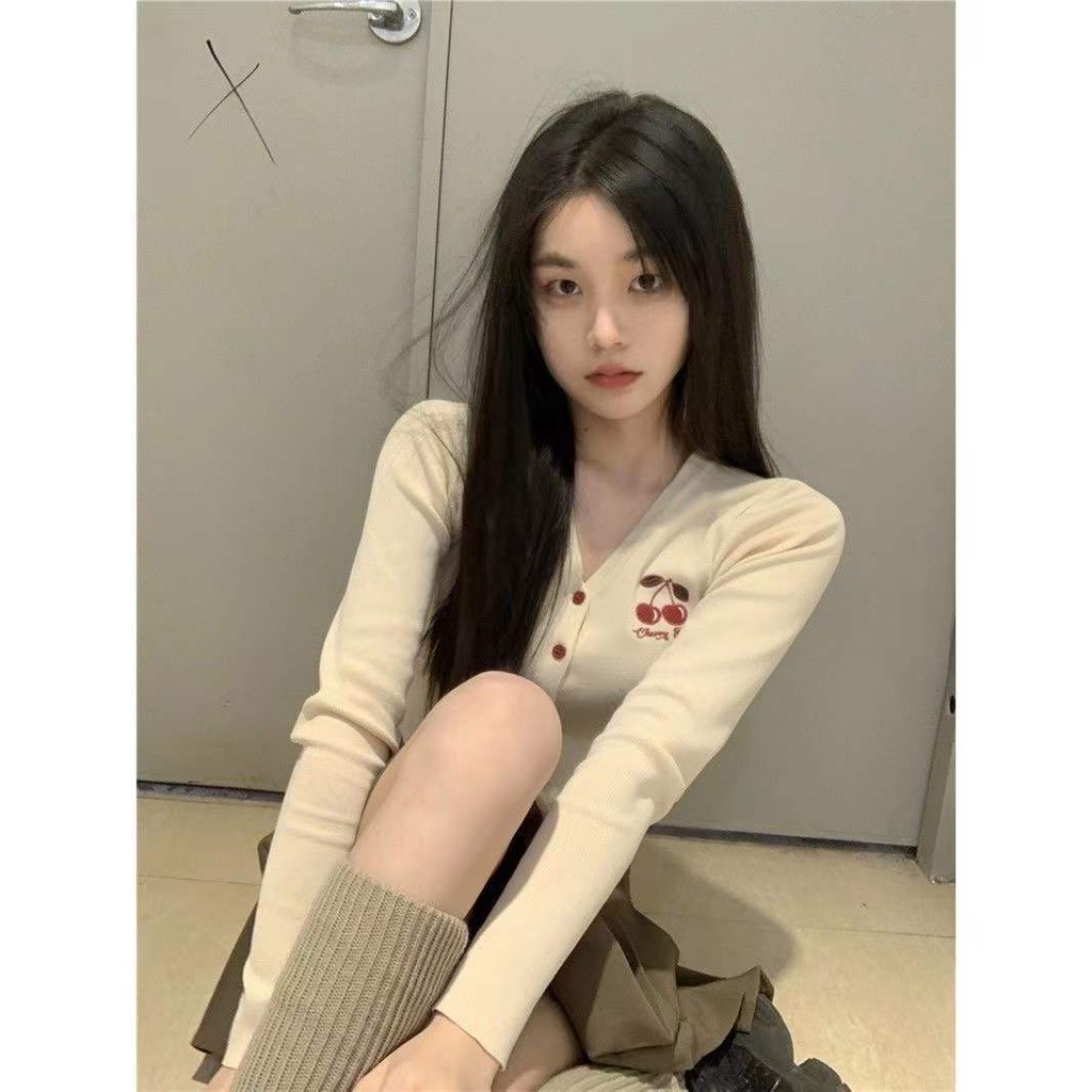 Áo Cardigan Cổ Chữ V Dáng Ngắn Màu Trơn In Họa Tiết Cherry Thời Trang Xinh Xắn Cho Nữ