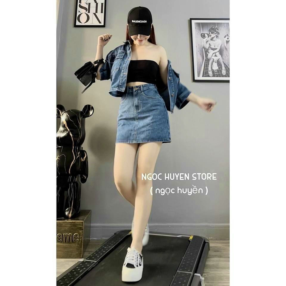 Sét áo jean croptop kèm chân váy jean kiểu dáng chữ A kết hợp. Sét bộ bò xanh siêu chất. MIALA