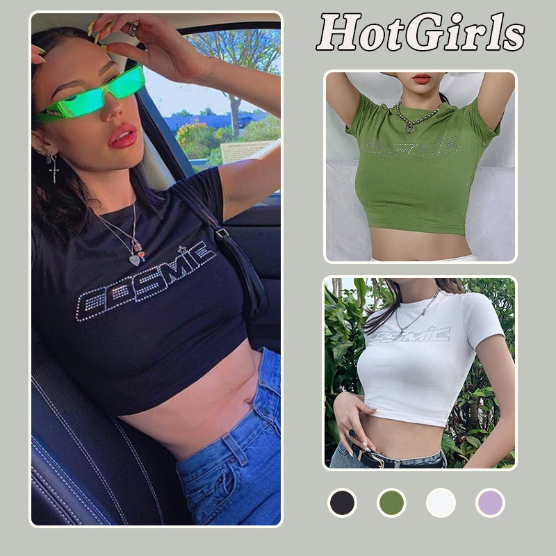 HotGirls Áo Thun Nữ Ngắn Tay Cổ Tròn In Hình Đơn Giản Phong Cách Âu Mỹ Mới