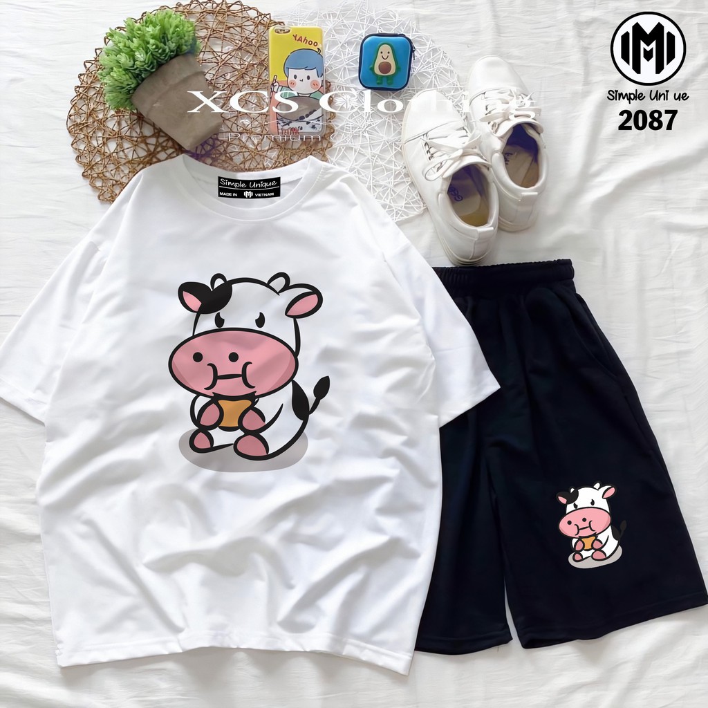 Đồ Bộ Hoạt Hình Unisex BÒ SỮA Aossi , Set Cartoon,  Thun Cotton , Quần short Unisex Nam Nữ Đều Mặc Được