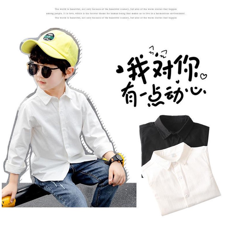 Áo Sơ Mi Cotton Màu Đen Trơn Tay Dài Cỡ Vừa Thời Trang Xuân Thu Cho Bé Trai