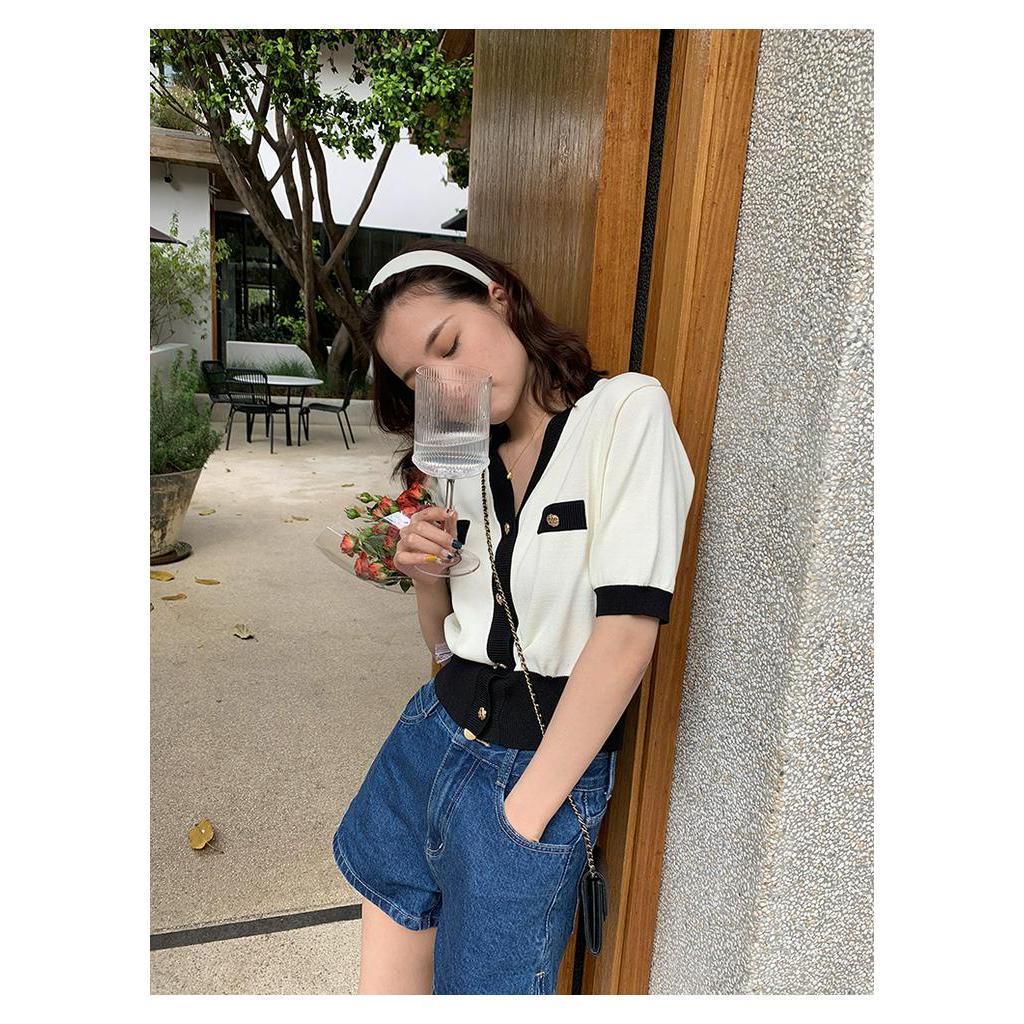 Áo dệt kim SUXI tay ngắn ôm dáng cổ V gợi cảm thanh lịch cho nữ