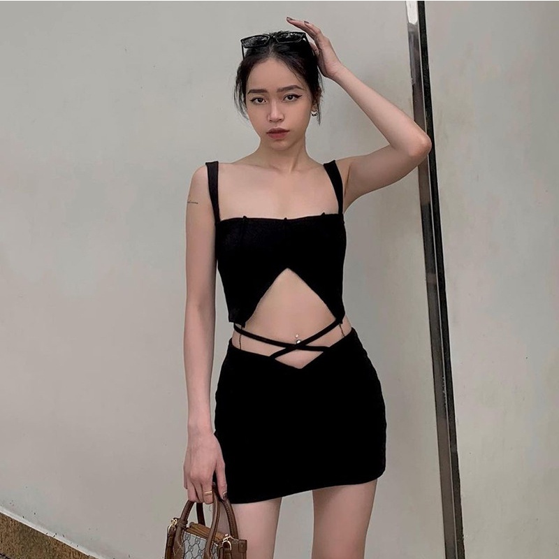 Fashion Women's Strap Lace Up Tank Top &amp; Midi Wasit Slim Skirt Set