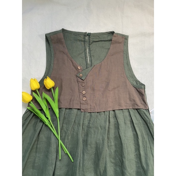 Đầm xanh rêu linen bo chun