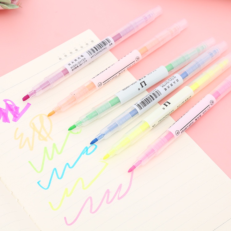 Set 6 bút highlight pastel dạ quang 2 đầu Gooo, đánh dấu nhớ phụ kiện văn phòng phẩm