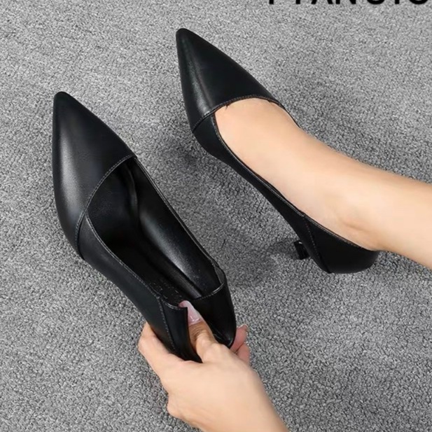 Giày cao gót nữ [da thật] công sở bít mũi 5 7 phân big size, da mềm như bún vạt xiên FFAN STORE