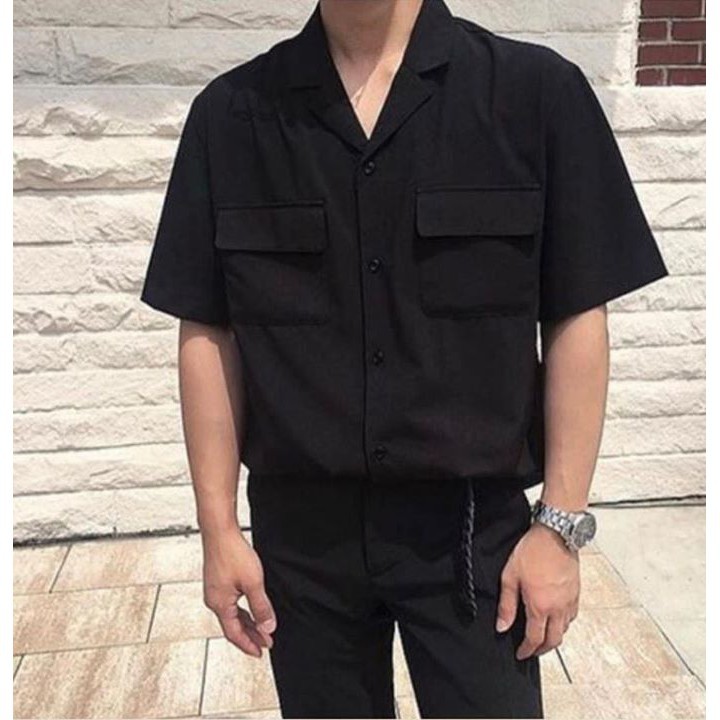 Áo sơ mi Nam cổ vest túi hộp màu đen sowmi cổ vet Kun Shop